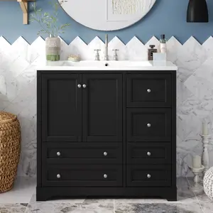 36inch Bathroom Vanity with Sink,  Solid Wood Freestanding Bathroom Vanities with 4 Storage Drawers and Shelf, Soft Closing Doors