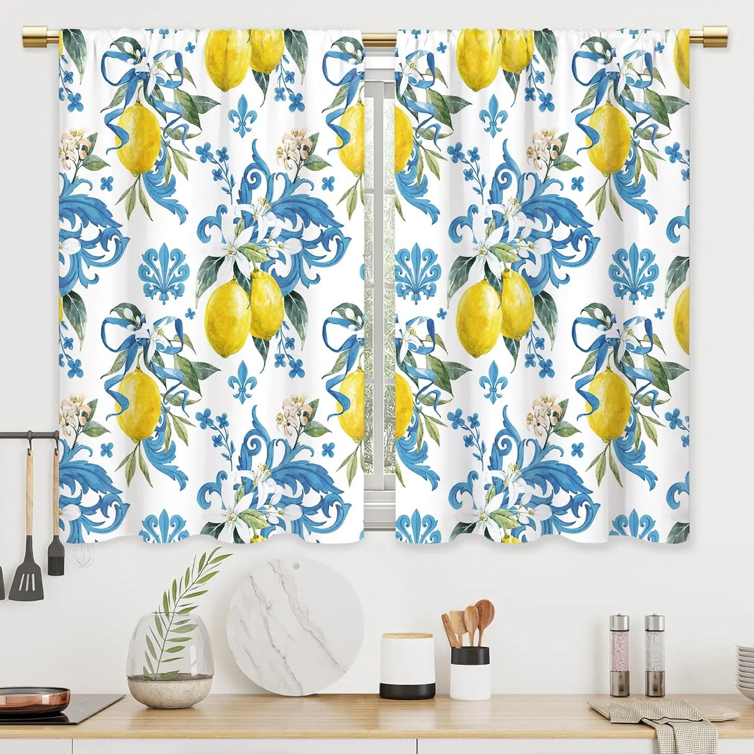 Blue Lemon Kitchen Curtains Summer Fruit Flower Bathroom Curtains Window Treatment Drapes Tier Floral Nature Leaves Cafe Small Bedroom Short French Door Curtains 2 Panels 27.5x39 Inch