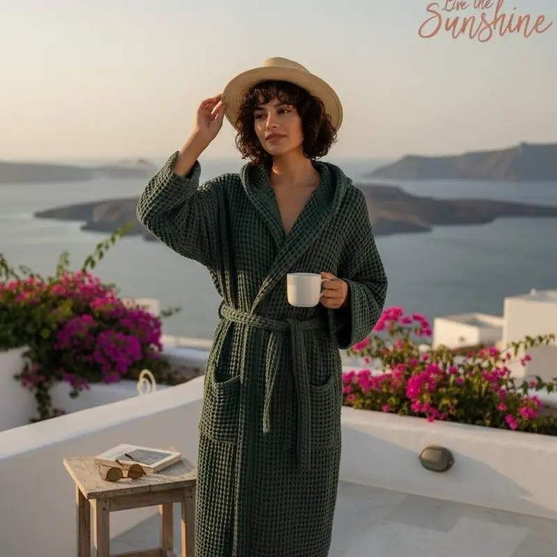 Hooded Premium Turkish Waffle Robe, 100% Cotton organic Bathrobe, Luxury Spa Robe, Lightweight Organic Cotton Robe for Women / Men (Green)