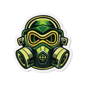 Gas Mask Die-Cut Magnet — Green Tactical Respirator Sticker for Fridge, Locker, Laptop