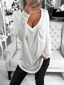 Fashion casual women's solid color loose long sleeved V-neck top Casual Comfy Tee