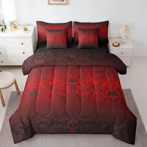 Damask Gothic 7 Piece Bedding Set,Adults Antique Victorian Comforter Set,Red and Black Sugar Skull Sheet Set,Vintage Flowers Goth Bed Set