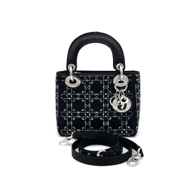 Pre-owned DIOR Satin Handbag Lady Bag Crystal Embellished Cannage Quilt Mini Black #1954