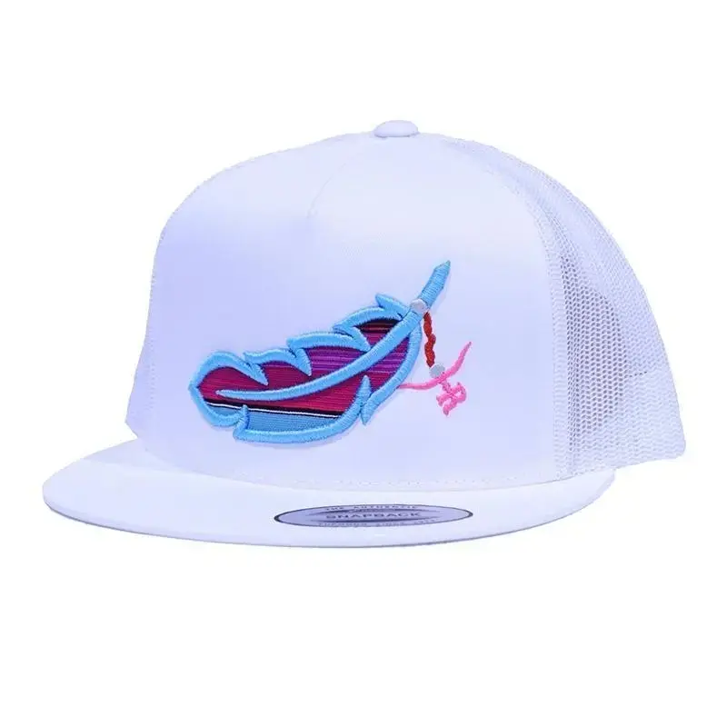White Feather Trucker Hat Colorful Embroidered Mesh Snapback Cap for Men Women