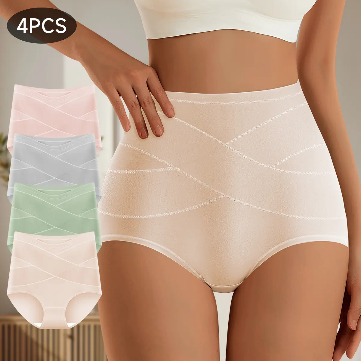 Women's 4-Pack High-Waisted Cotton Elastane Briefs, Solid Knit Everyday Panties with Tummy Control & Cross-Strap Design, Soft Comfy Panties, Basics, Cotton Blend