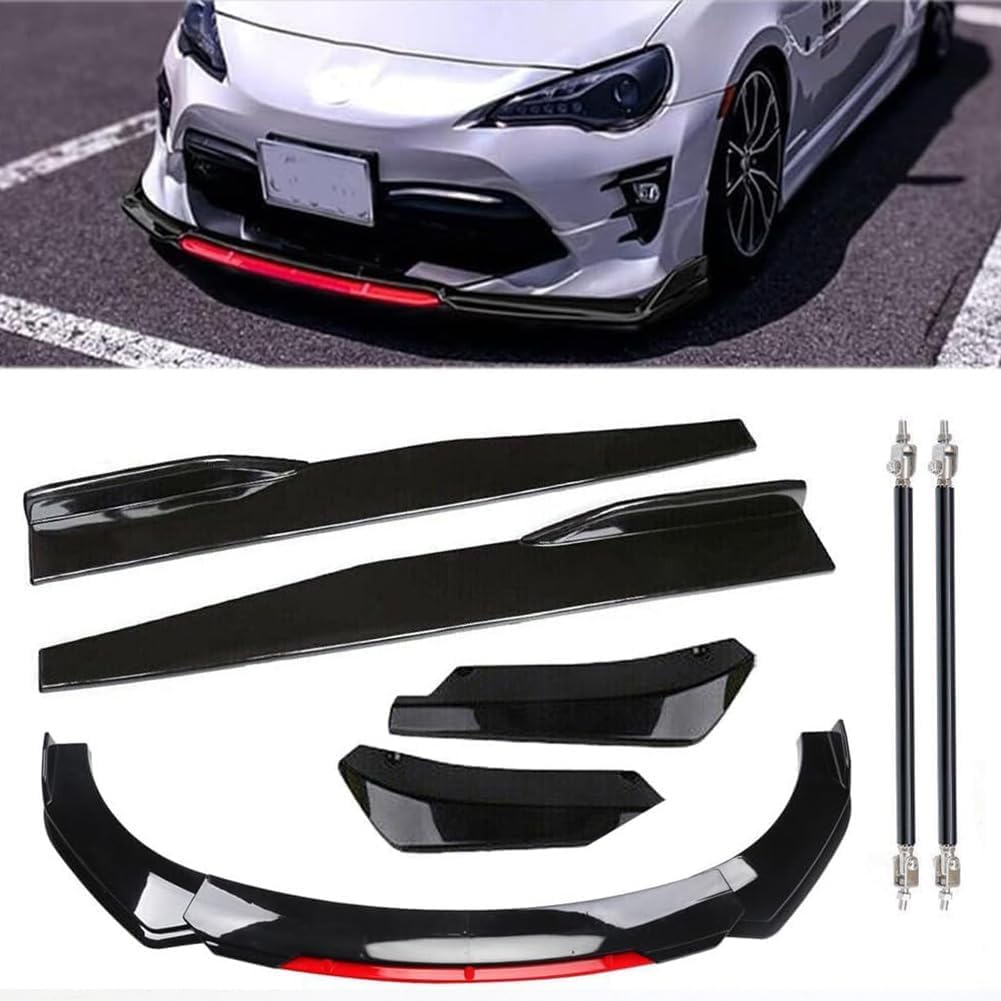 Front Bumper Lip Bumper Spoiler Side Skirt Extensions for 1.9M/6.2FT Wide Cars, Sturdy ABS Air Dam Front Bumper Lip Body Kit Replacement Automotive Vehicles Sedans Glossy Black Red