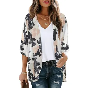 Floral Print Kimono Cardigan  Women - Puff Sleeve Loose Cover-Up| Casual Blouse Top  Beach/Outdoor Wear for Fabric Womenswear Birthday Check