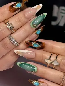 Boho Desert Gem Nails – Handmade Press On Nails with Turquoise Charms, Green Gradient & Tortoise Shell Design, Long Almond Nail Set