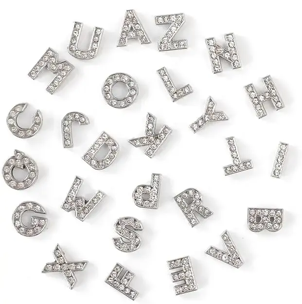 52PCS 8mm Full Rhinestone Alphabet Charms A-Z DIY Alloy Letter Beads for Bracelets Necklaces Jewelry Making Shiny Silver Chrome Crystal Name Initial Charms