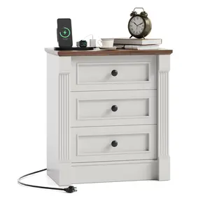 26" Tall Nightstand– Farmhouse End Table with Charging Station, 3 Drawers & USB Ports, Roman Column for Bedroom Living Room
