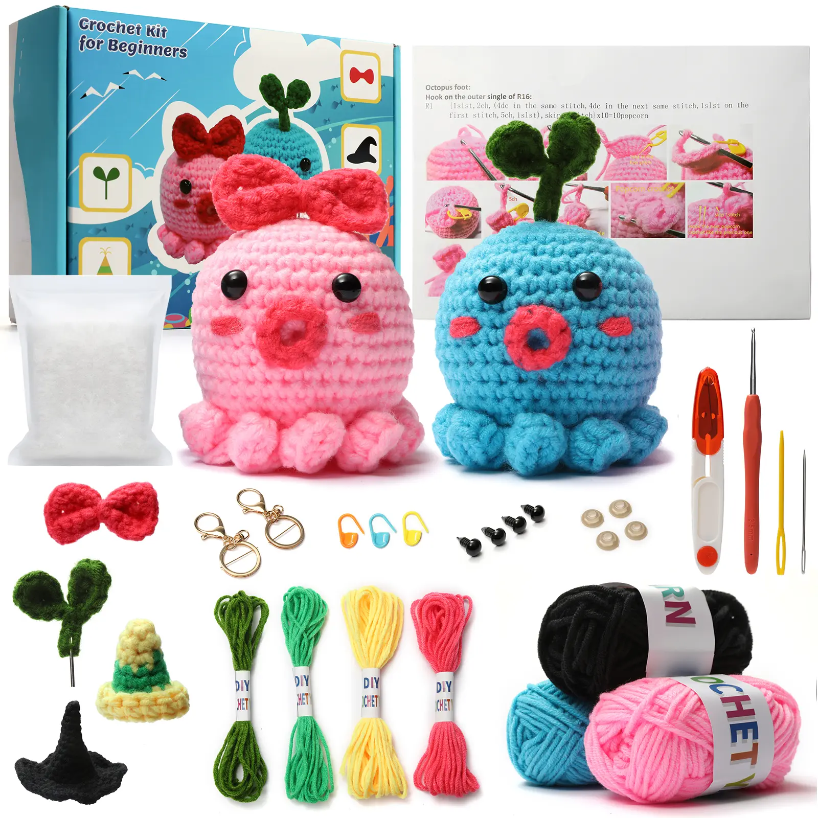 Goodhipi 2 PCS Octopus Crochet Kits for Beginners with Step-by-Step Video Instructions DIY Animal Knitting Kit Crochet Kits for Adults Kids Octopus Toys Key Chain Gifts for Girls