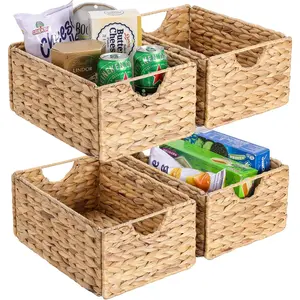 Water Hyacinth Pantry Baskets Set of 4, 12.5 x 9.5 x 6in Hanging Wicker Storage Baskets for Shelves Pantry and Bathroom Shelves Storage