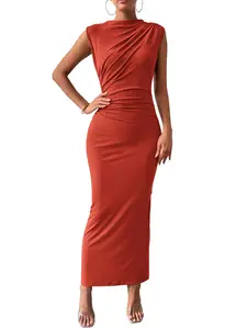BTFBM Women's Ruched Bodycon Dress Summer Casual Sleeveless Back Slit Elegant Club Evening Party Cocktail Maxi Dresses