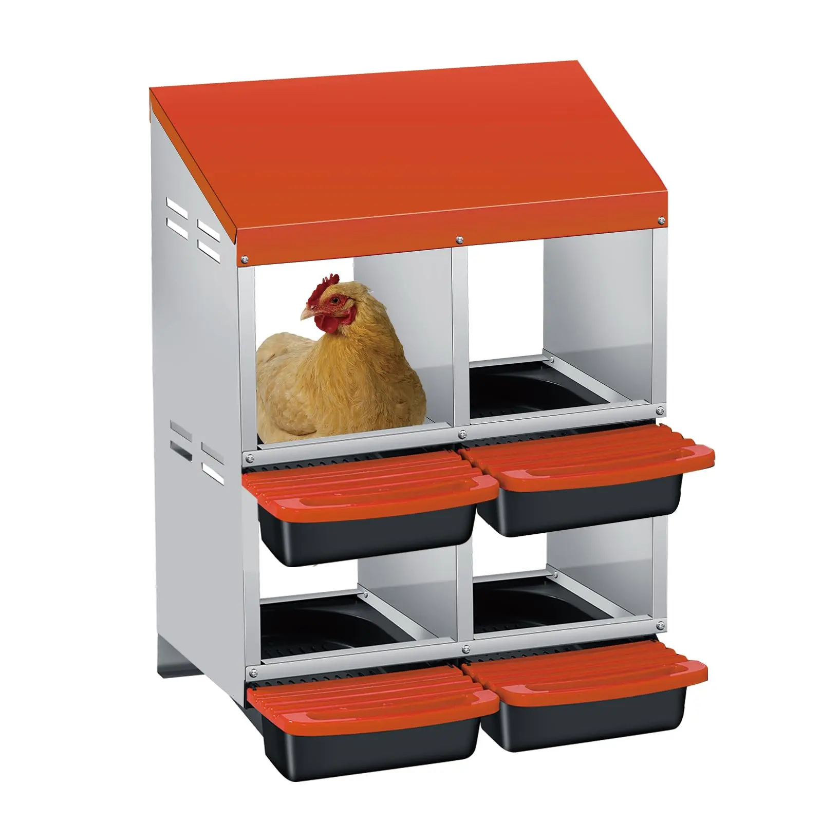Galvanized Steel Chicken Nesting Box, 4 Compartments, Roll Away Egg Tray with Lid, Removable Ventilated Tray, Wall Mount & Freestanding