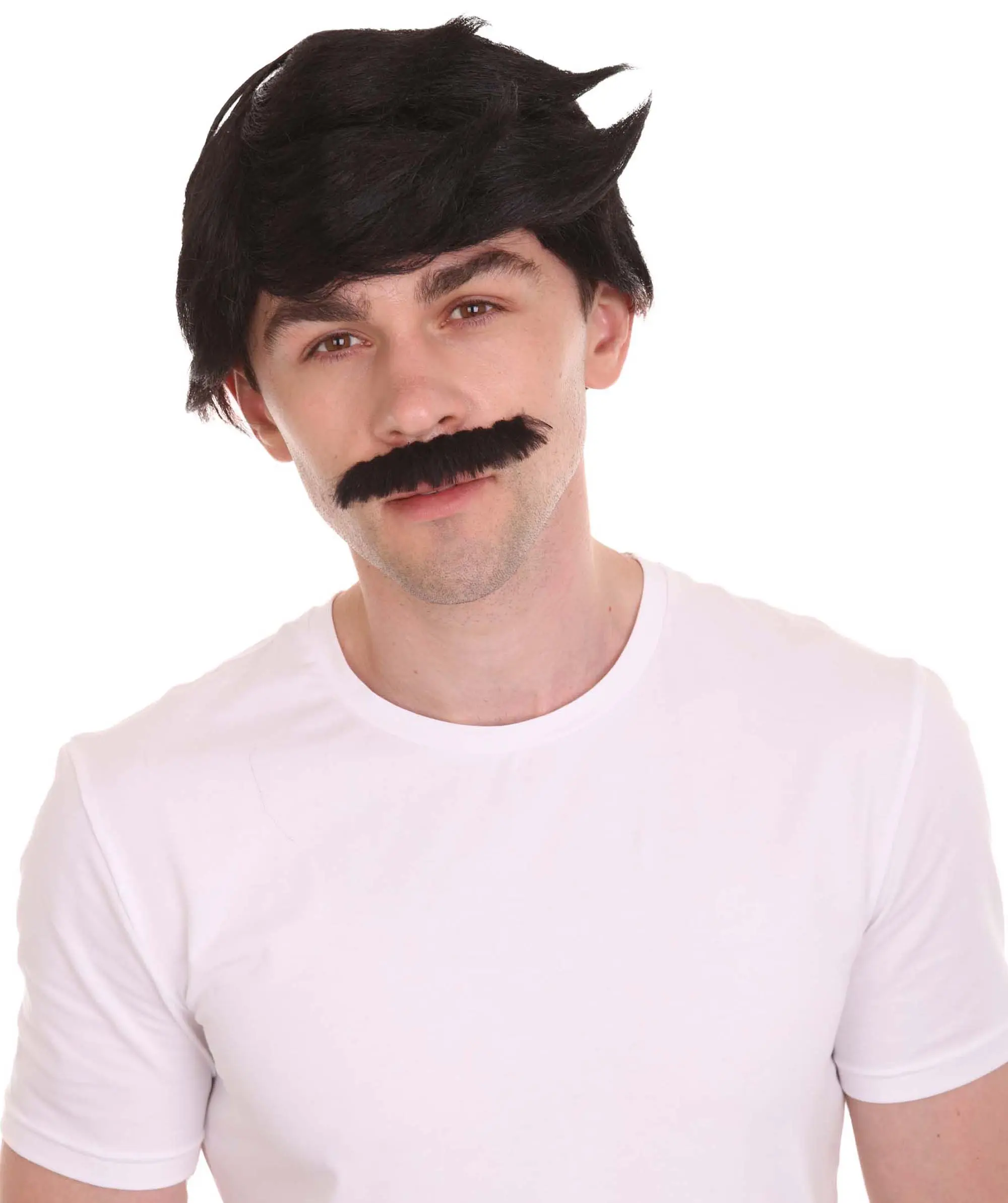 Adult Cartoon Black Wig with Mustache – Capless and Breathable for TV/Film Use, Flame-retardant Synthetic Fiber