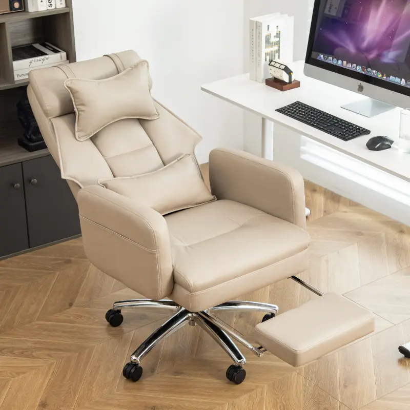 Swivel Ergonomic Office Chair, Technology Leather  High Back Office Chair with Lumbar Support Headrest, Sedentary Comfortable Boss Chair, 155 °   Reclining Computer Chair (Color : Beige)