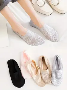 Five Pairs Mixed Color Lace Thin Boat Socks Spring Summer, Stylish Comfortable Footwear for Women & Men, Perfect for Casual Wear