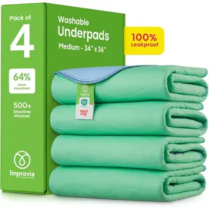 Washable Underpads, 34" x 36" (Pack of 4) - Heavy Absorbency Reusable Bedwetting Incontinence Pads for Kids, Adults, Elderly, and Pets - Waterproof Protective Pad for Bed, Couch, Sofa, Floor