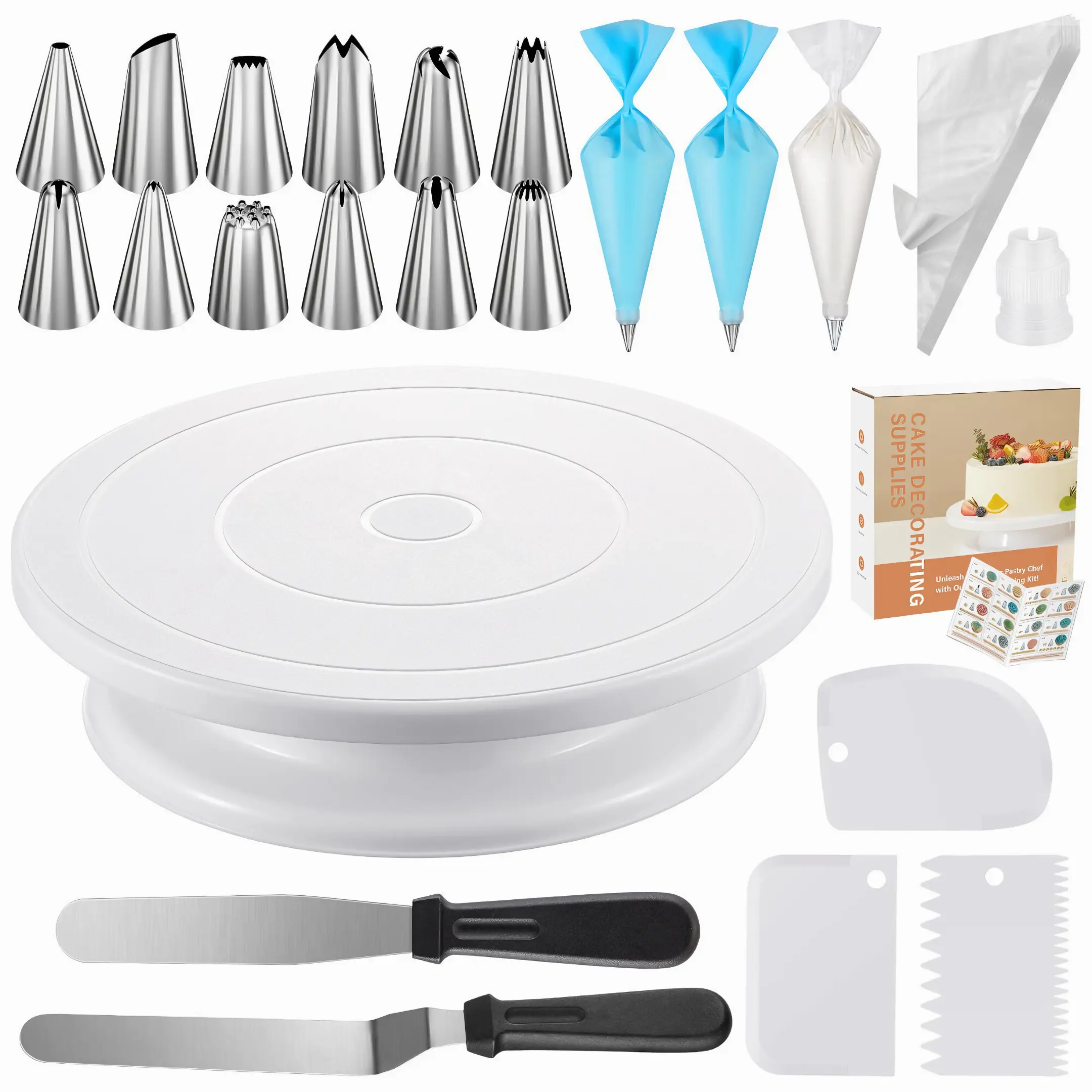 [New Deal] 71 Pcs Cake Decorating Supplies Kit, Cake Stand Turntable,12 Icing Piping Tips,2 Spatulas,3 Icing Comb Scraper,52 Piping Bags,1 Coupler Bakeware Ornaments Topper, Anniversary, Polypropylene