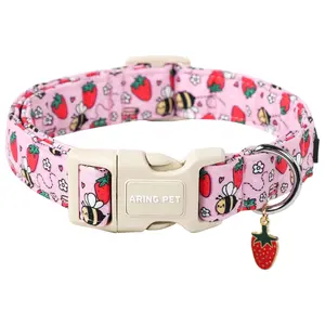 Summer Style Dog Collar-Cute Pink Dog Collar for Small Dogs, Adjustable Strawberry Bees Print Pet Collars Puppy Collar for Small Medium Large Dogs