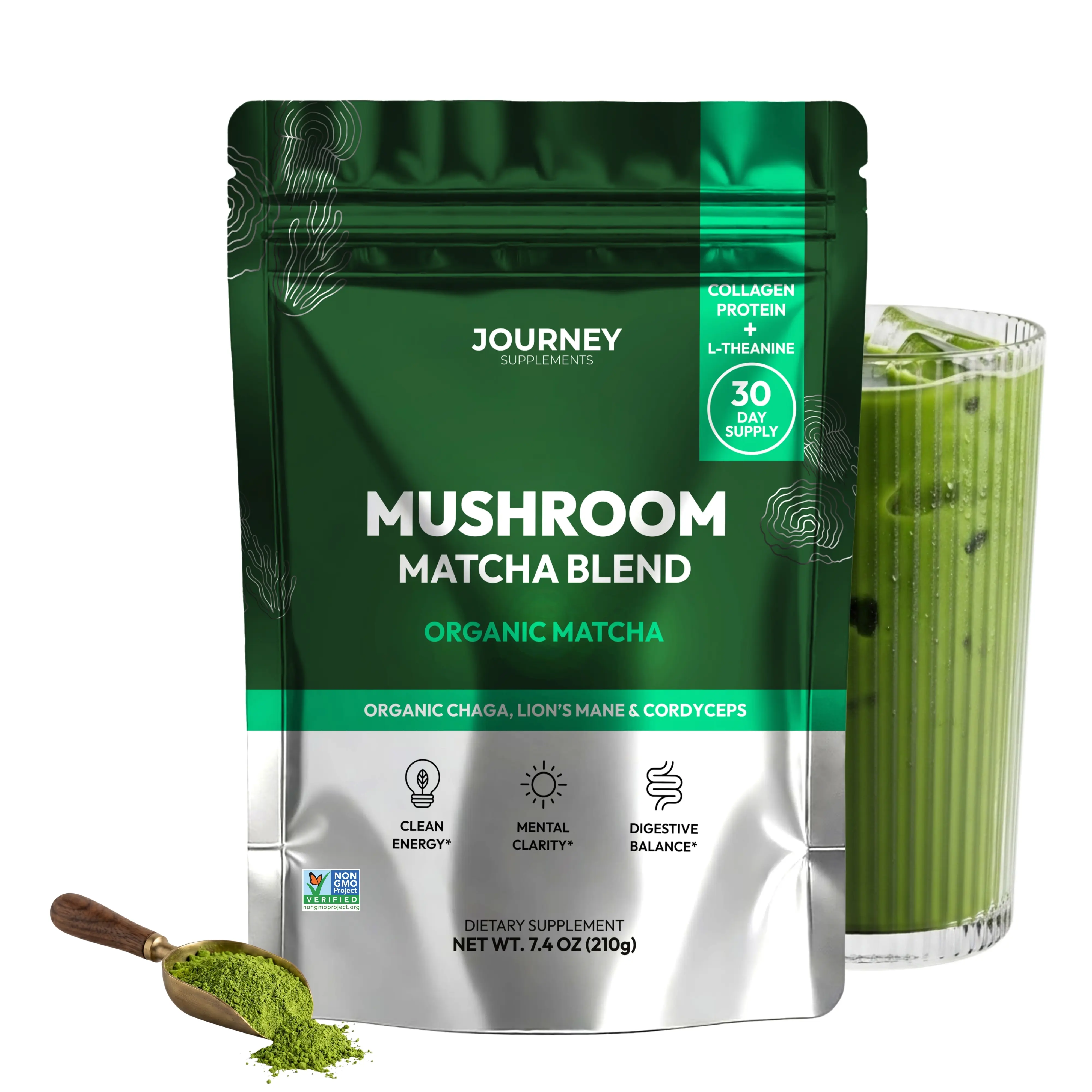 Mushroom Matcha with Collagen – Adaptogenic Matcha for Energy, Focus, & Mental Clarity – Enhanced with Lion’s Mane, Chaga, Cordyceps & L-Theanine (30 Servings)