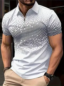 Men's Regular Fit Checkered Print Polo Shirt, Casual Short Sleeve Half Zip Up Collared Top for Summer, Fashion Men's Clothes for Daily Wear, Tropical