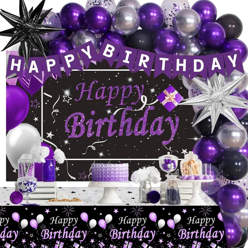 Women's Happy Birthday Party Decorations & Gifts Kit - Purple, Silver, Black Shiny Waterproof Festive Supplies with Backdrop Banner, Confetti, Star Balloons, Garland, Tablecloth, Party Gifts