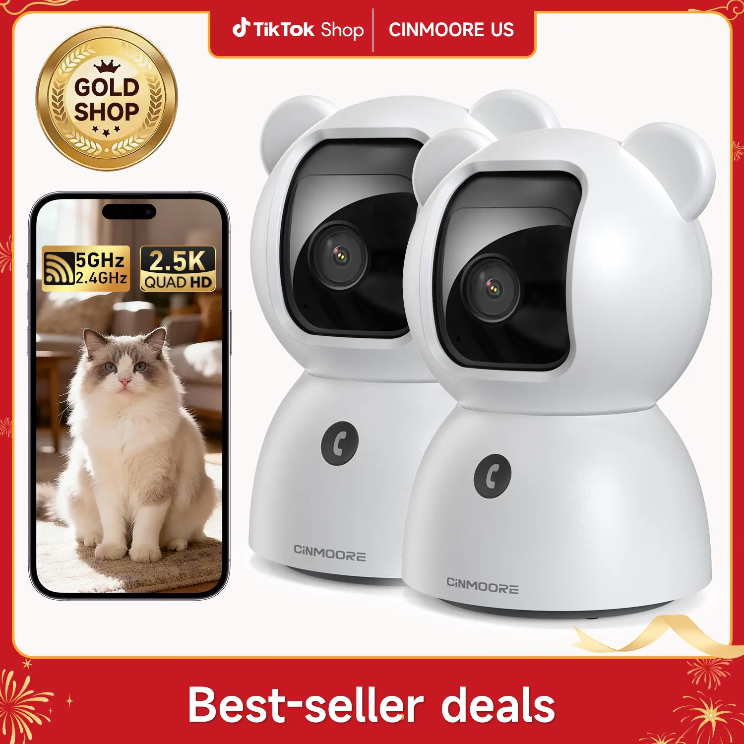 CINMOORE 2.5K Wireless WiFi Dual-Band Security Camera, 360° Pan-Tilt, AI Motion Detection, 2-Way Audio, Night Vision, Baby Crying Alert, Recording, SD Card Slot, Mini Nanny Cam for Baby Home Monitor