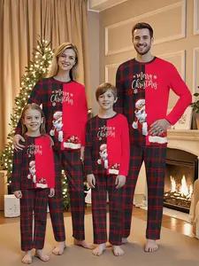 Christmas Family Same Set - Santa Claus and Reindeer Print, Long Sleeve Crew Neck with "Merry Christmas" Letters, Red and Holiday Clothing, Suitable for Family Outdoor Wear, Christmas Family Same Set