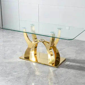 Luxury Glass Dining Table for 6 seat 68.9" Clear Glass Top with Gold Modern Curved Base, Contemporary Dining Room Table with Crystal Accent
