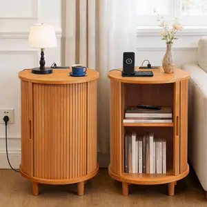 DHH Yellow Oak Round Nightstand with Hidden Storage & Power Strip, 2-Tier Circular Bedside Table with USB, Elegant Accents Table for Home Office & Entryway