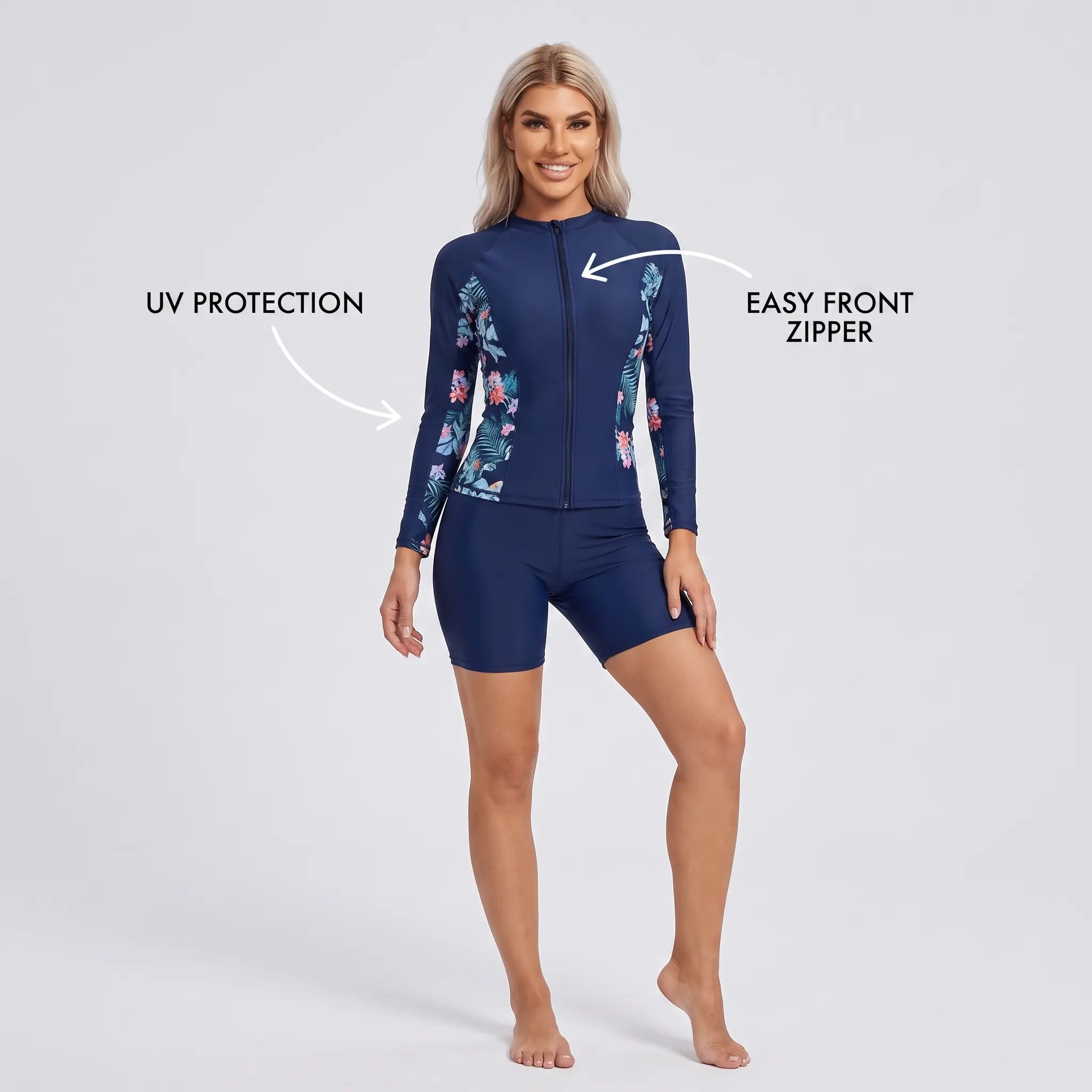 Women's Long-Sleeve Rash Guard, Full Cover Athletic 1-Piece Swimsuit with Floral Print, Front Zipper and UV Sun Protection, Full Cover Women's Long-Sleeve Rashguard, High Elasticity Women's Long-Sleeve Rashguard