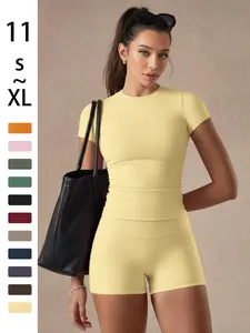 Women's Solid Color Set, Basic Versatile T-Shirt Top, Fashion Multi-Purpose Slimming Hip-Lifting Gym Shorts, Yoga Fitness Gym, All Season Activewear, Athletic Style Activewear