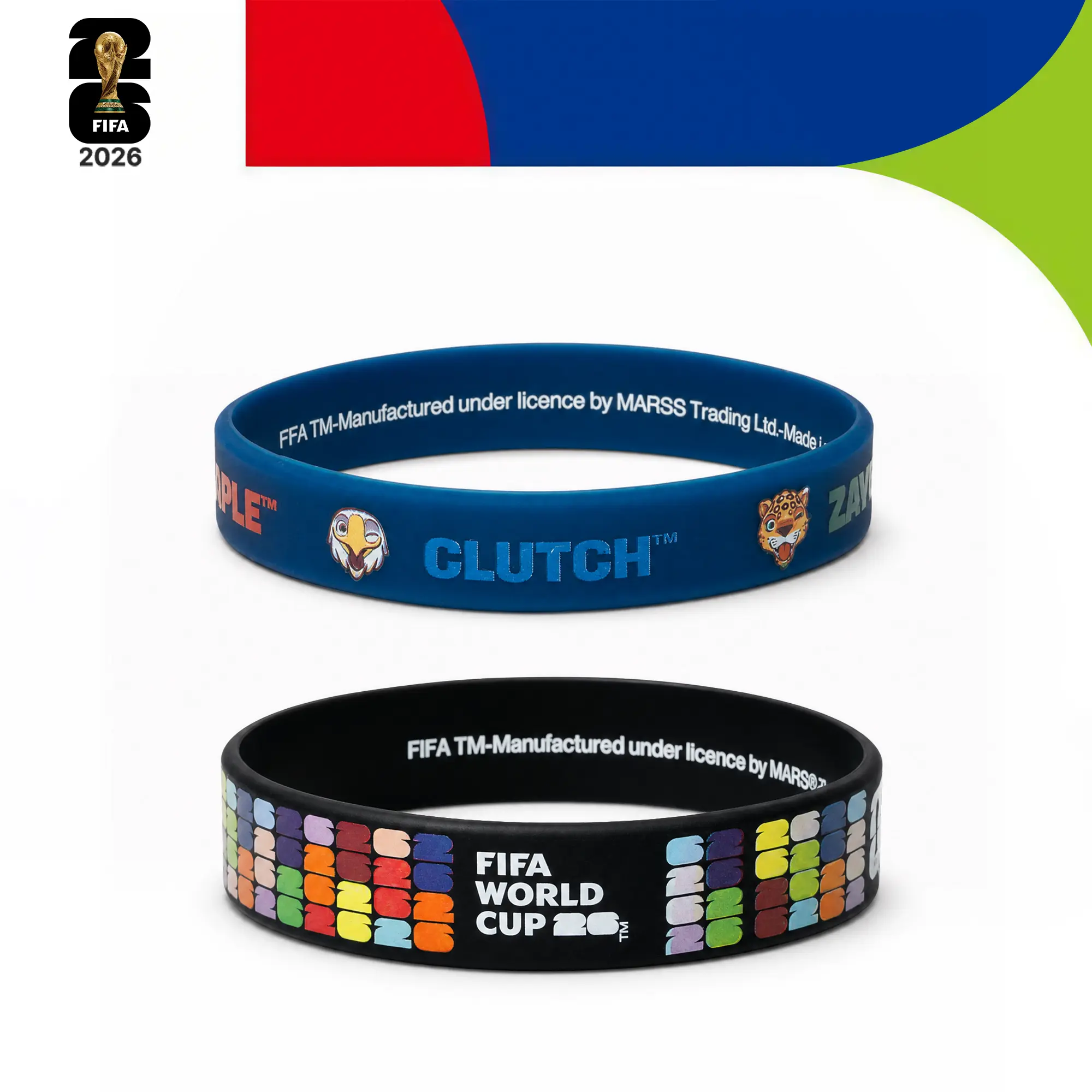 FIFA World Cup 26 Silicone Wristband Official Licensed Bracelets | Blue Mascot (Maple, Clutch & Zayu) + Black Multicolor Logo, Soccer Fan Gear Gift Set for Men, Women & Kids