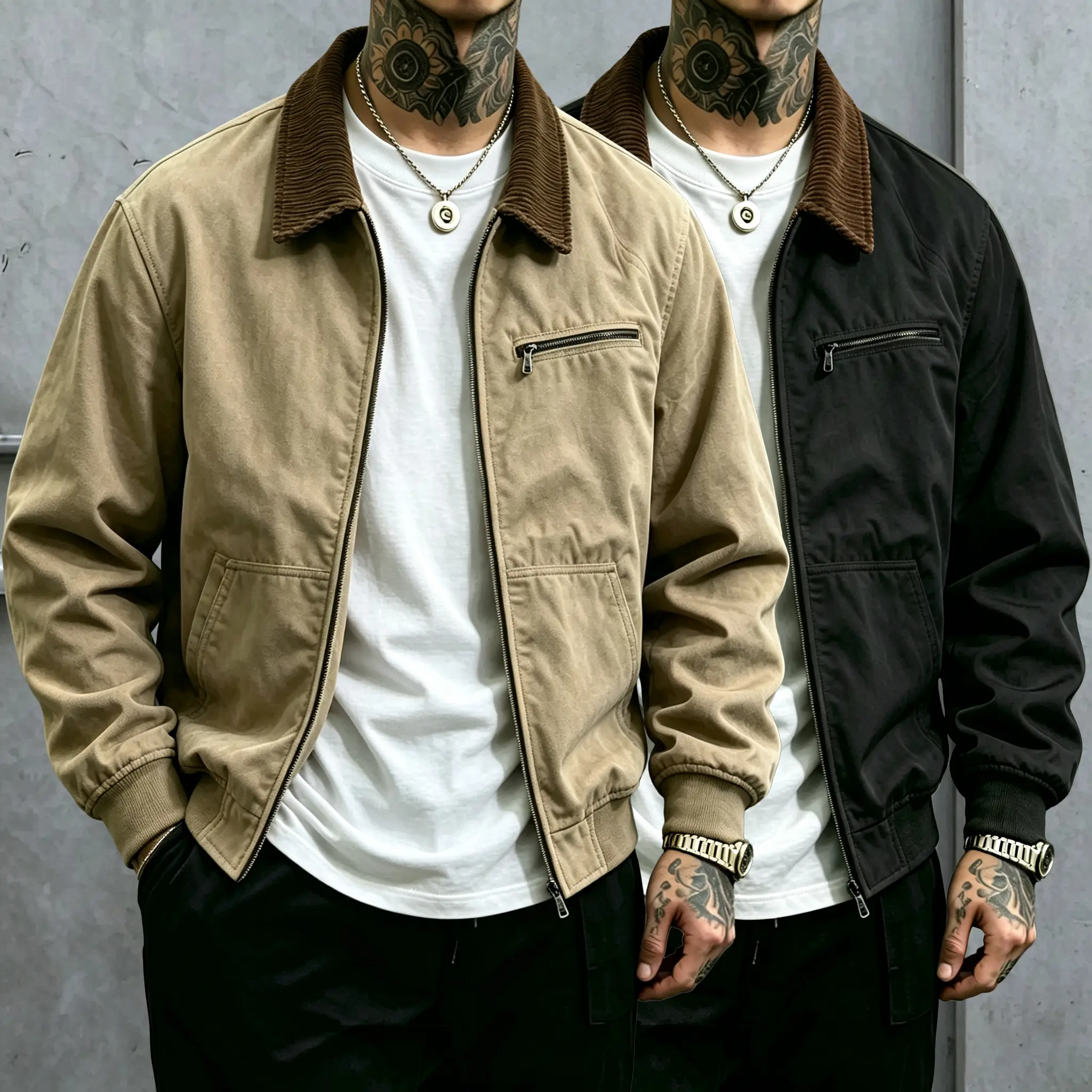 Men's Vintage Harrington Jacket Contrast Corduroy Collar Full Zip Rib Cuff Canvas Workwear Casual Street Outerwear. Available in packs of 1–2 pieces.