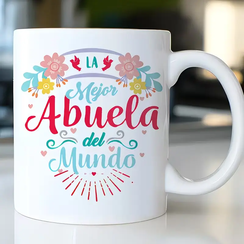 Spanish Printed Ceramic Grandma Mug - "La Mejor Abuelita Del Mundo" Phrases, Pink Floral Design, Sturdy, Lightweight, Dishwasher-Safe Reusable Kitchen Drinkware Gift for Grandma (Mother's Day, Christmas)