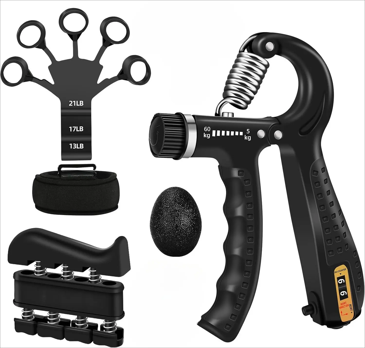 COUNTADOLLAR 4PCS Multifunctional Fitness Equipment Kit - Adjustable Hand Grip Strengthener, Hand Extension Exerciser, Finger Exerciser, Grip Ring, Eggball Stress Tool for Muscle Building, Injury Recovery, Eggball Stress Grip
