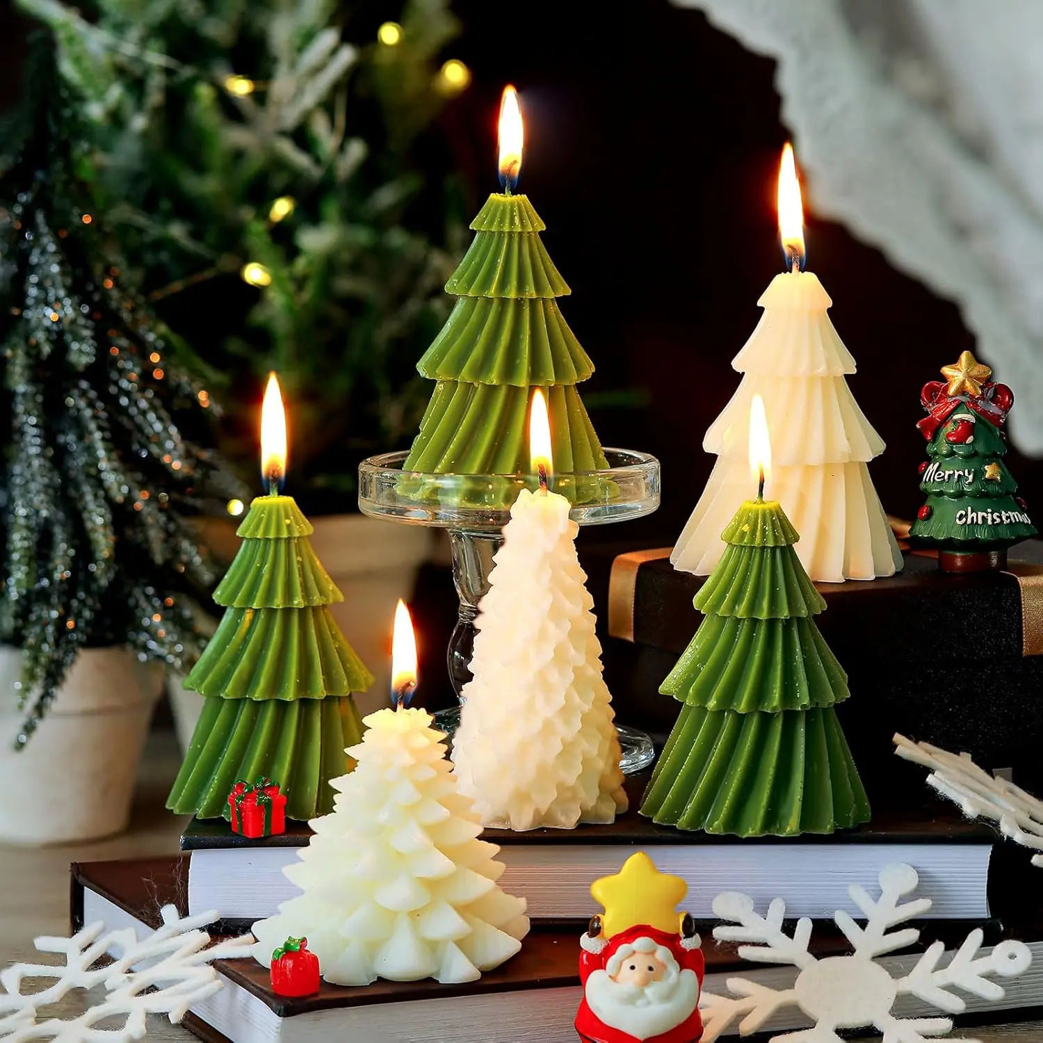 6-Piece Classic White Green Christmas Tree-Shaped Taper Scented Aroma Candles, Festive Winter Holiday Home Table Decoration & Gift for Xmas Eve