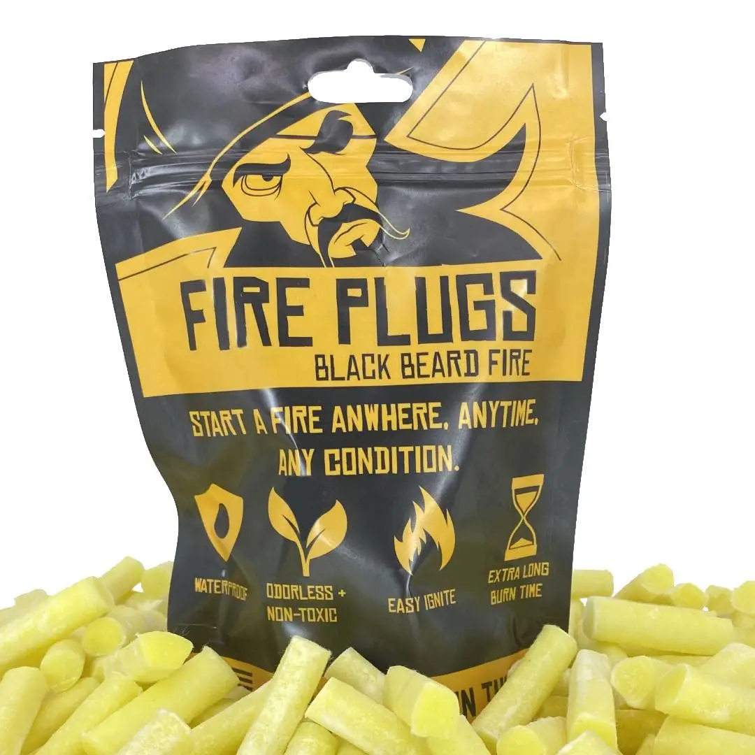 50 Black Beard fire starters. Waterproof, windproof, long burn time. 30-year shelf life. Perfect for camping, survival, & emergency kits. Lightweight,