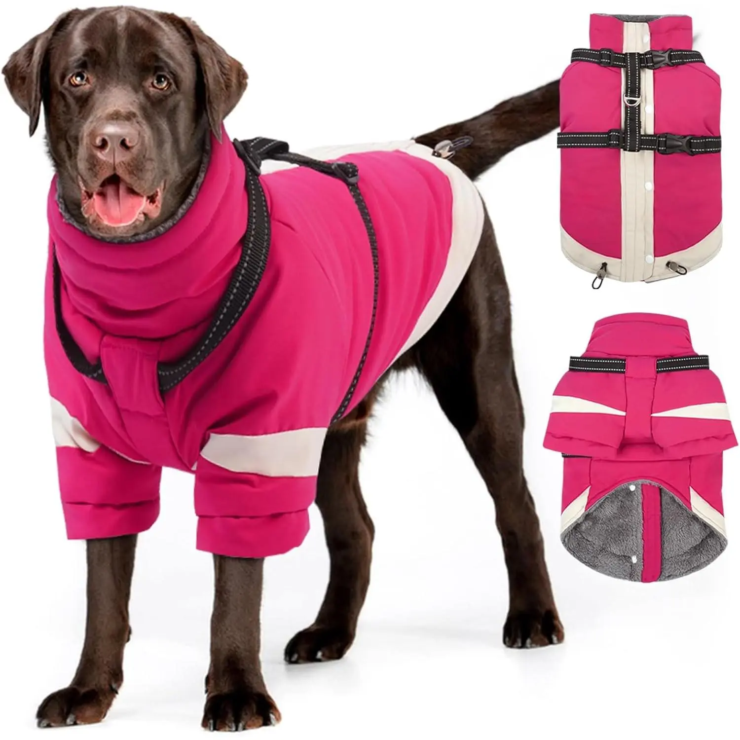 MIGOHI Thermal Large Dog Coat with Harness Waterproof Jacket for Large Dogs,Thick Dog Winter Coat,Snow Jacket for Dogs Windproof for Hunting Camping Chilly Days,Doberman,Great Dane,XXXL,Rosered