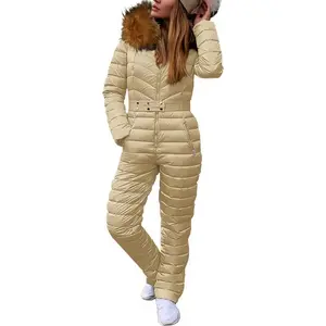 Womens One Piece Ski Suits Winter Outdoor Sports Jumpsuit Fur Collar Coat Windproof Waterproof Hooded Snowsuit