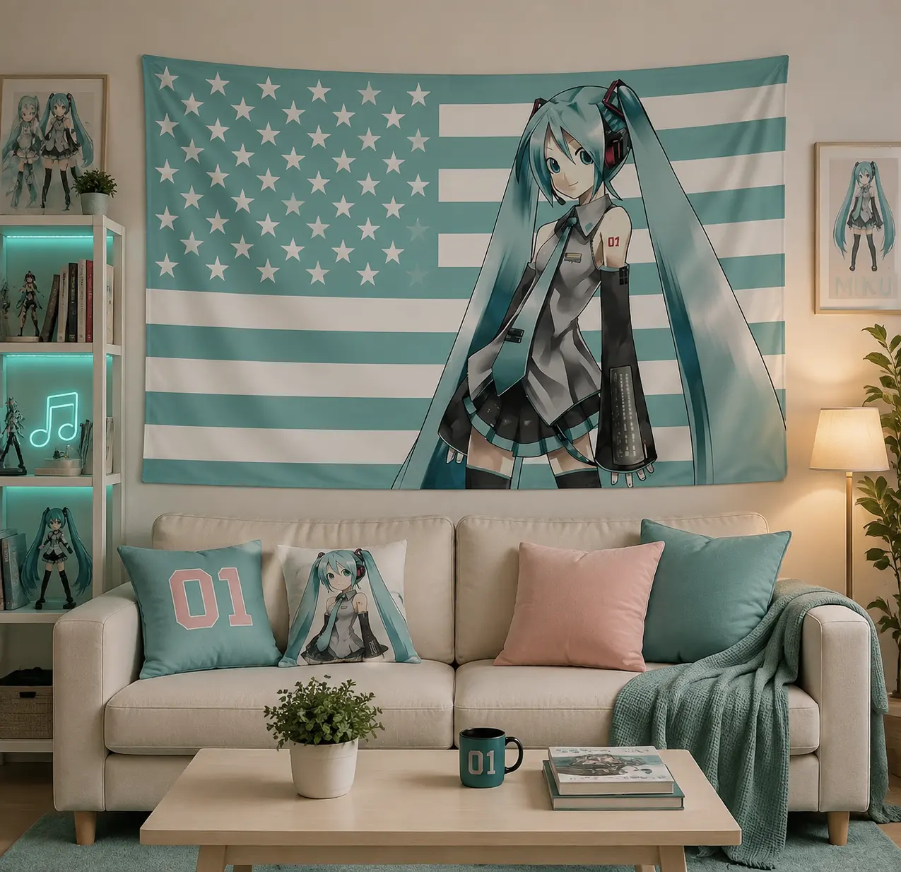 Anime Hatsune Miku Print Tapestry - Smooth Synthetic Cloth, Starry Sky & Solid Color Designs, Hanging Wall Decor for College Dormitories & Indoor Parties, Durable DIY Home Supplies