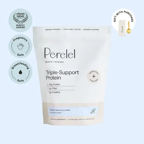 Perelel Triple-Support Protein Powder – Gift with Purchase-  Vegan Protein Powder with Creatine & Prebiotic Fiber, Pregnancy Safe – Vanilla – Formulated by doctors and nutritionists