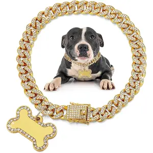Dog Chain Golden Diamond Collar with Pet ID Jewelry Tags Rhinestones Stainless Steel Metal Link Collar Walking Chain Necklace for Puppy Boys Girls Small Dogs(8 Inch) Adjustable Golden Dog Chain Collar