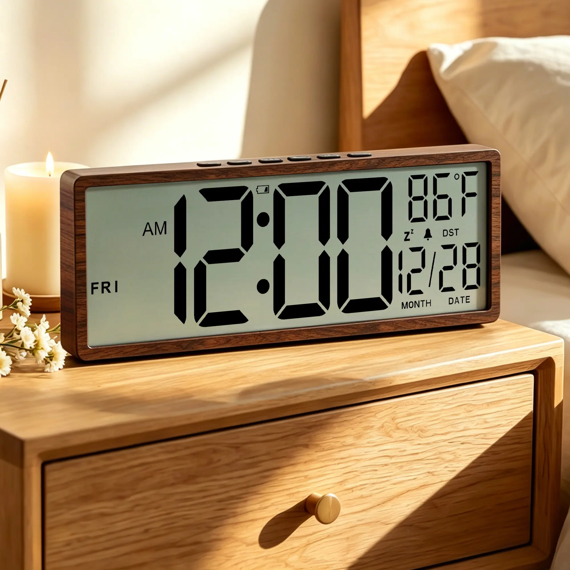15” Large Atomic Digital Wall Clock with Wood Grain Frame, Battery Operated Self-Setting LCD Clock with Temperature, Humidity, Date, Day, Alarm, DST, Wall Mount or Desk Clock