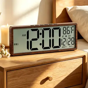 15” Large Atomic Digital Wall Clock with Wood Grain Frame, Battery Operated Self-Setting LCD Clock with Temperature, Humidity, Date, Day, Alarm, DST, Wall Mount or Desk Clock