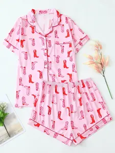 Two-Piece Set Women's Shirt & Pants Pyjama, Casual Comfy Short Sleeve Collared Top & Trousers PJ Set, Ladies Sleepwear for All Seasons, Pajama Set
