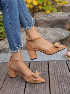 Women's Light Blue Rhinestone Bow Chunky Heel Sandals, Summer Pointed Toe Ankle Strap Shoes, French Wedding Shoes