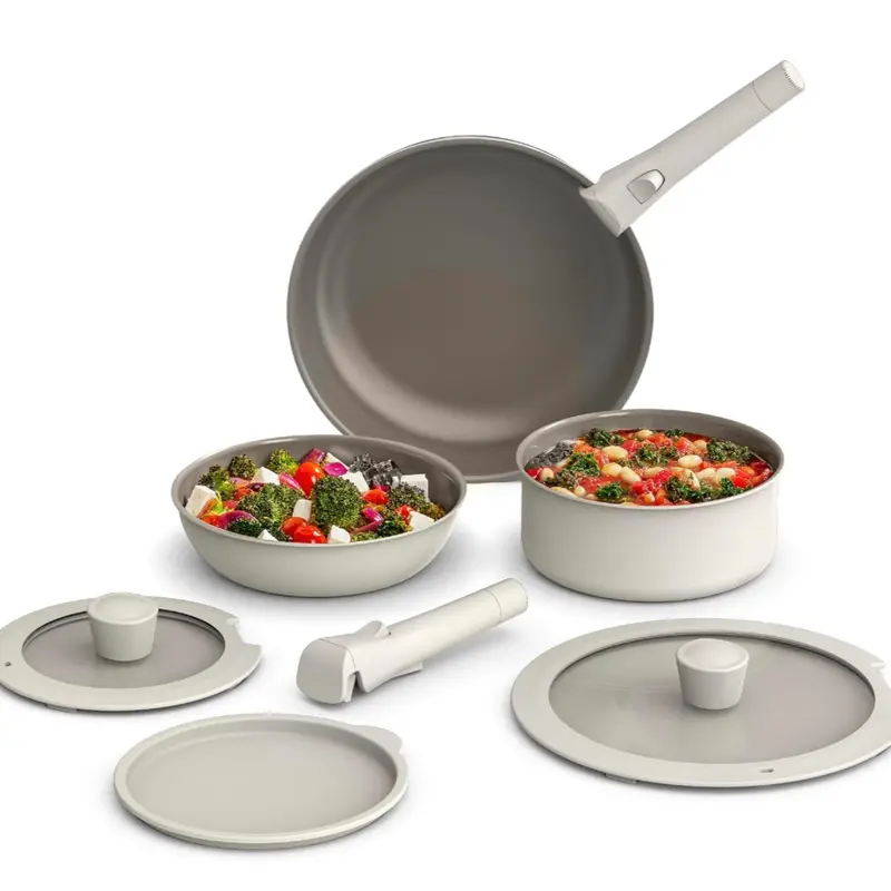 Bella 8 Piece Removable Handle Cookware Set Fits Anywhere Kitchenware with EverGood Ceramic Nonstick Coating Dishwasher & Oven Safe All Stovetops Compatible oatmilk