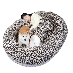 Human Dog Bed,72"x43"x11"Large Bean Bag for Humans Size Fits People and Pets,Washable Fur Human Size Dog Bed with Soft Blanket and Pillow Leopard Print